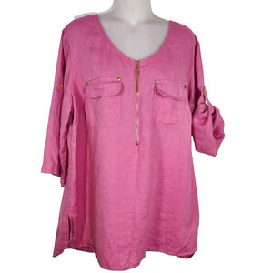 Ellen Tracy Tunic Top Women 1X Pink 3/4 Roll Tab Sleeve Lagenlook Linen Coastal